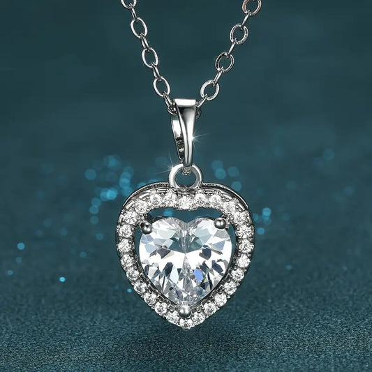 White Crystal Heart Vintage Silver Pendant Necklace