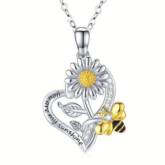 You Are My Sunshine Heart Sunflower Bee Necklace