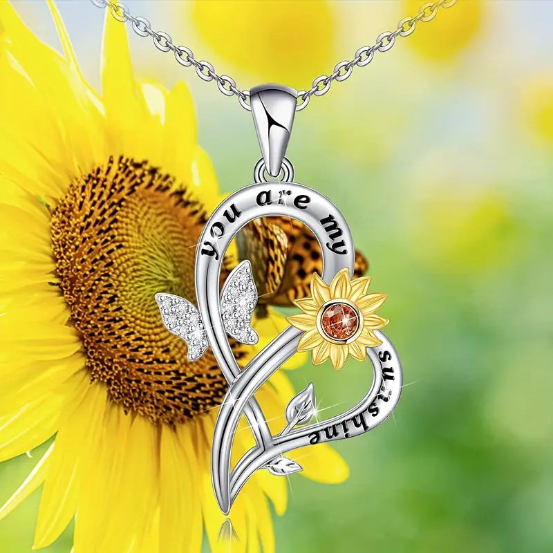 You Are My Sunshine Heart Sunflower Necklace