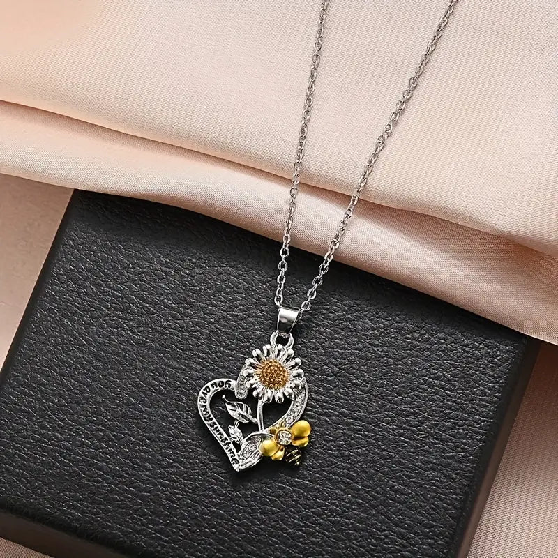 You Are My Sunshine Heart Sunflower Bee Necklace